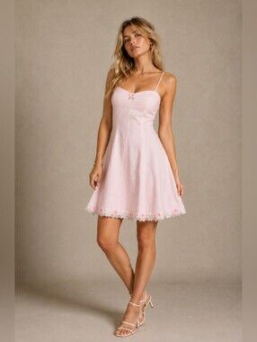 Pink Cotton Mini Dress – Reworked Floral Lace Coquette Summer Dress